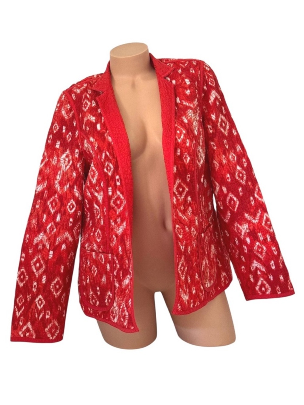 Chicos Red Ikat Quilted Open Front‎ Jacket Size 2 Large Diamond Print Cotton